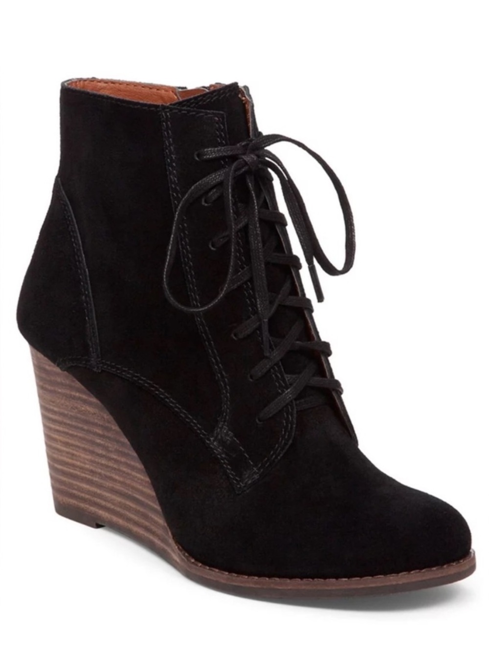 Lucky Brand Black Suede Lace-Up Wedge Ankle Boots